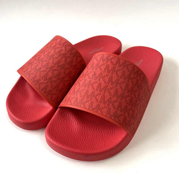 NWOB MICHAEL KORS Jake Signature Logo Slide Sandal Red Size 8 Flats Rubber Pool - Picture 1 of 7